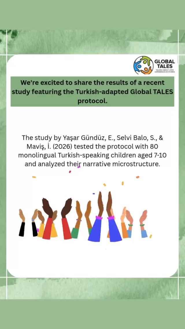 Big news! Our amazing members Yaşar Gündüz,  Semra Selvi, and Iknur Mavis have recently published their paper “Exploring Microstructure Measures and Topics in Personal Narratives of Turkish School-Age Children: Findings From the Global TALES-TR Protocol” featuring the Turkish version of the Global TALES protocol in the International Journal of Language and Communication Disorders. Kudos team! 

The full paper can be found at : https://doi.org/10.1111/1460-6984.70219 

 #GlobalTALES #PersonalNarratives #Publication #Turkish